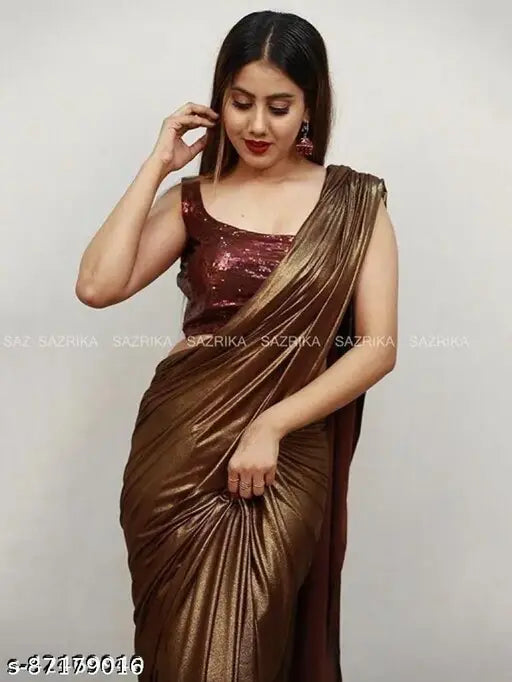 Coffee Lycra Blend Saree With Blouse