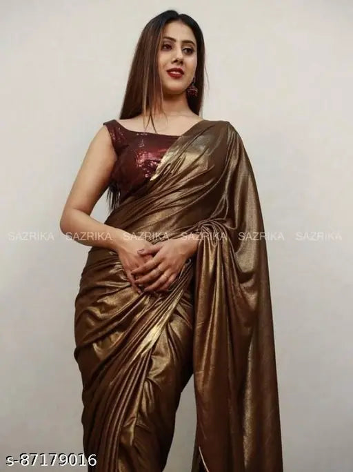 Coffee Lycra Blend Saree With Blouse