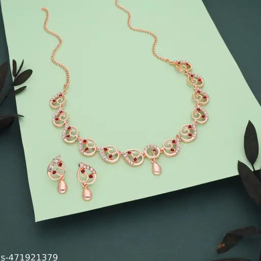 Rose Gold-Plated with Maroon Artificial Stone Studded Necklace Jewellery